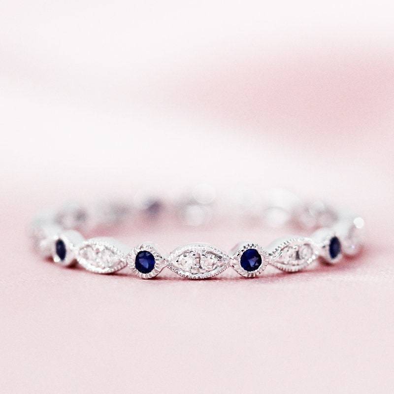 Natürliche Vs Saphir Ehering Natürlichen Diamanten Verlobungsring Massiv 14K White Gold Band Voller Ewigkeit Stapelbar Ring Passende von WFHomeElements