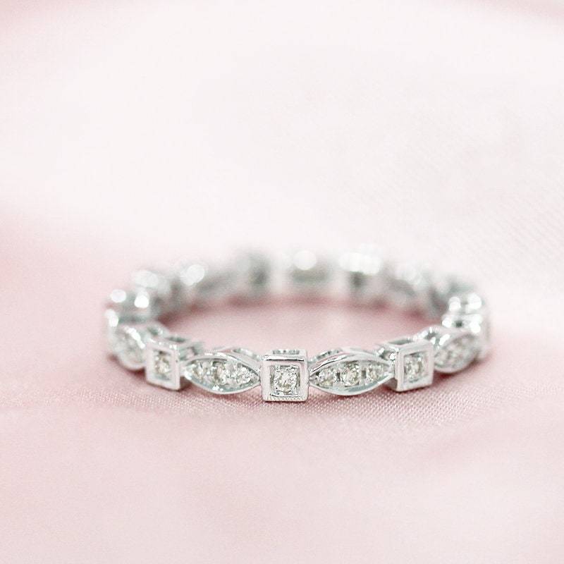 Natürlicher Diamant Voller Ewigkeit Ehering Stapelbar Ring Passende Band Massiv 14K White Gold Verlobungsring Braut Versprechen von WFHomeElements
