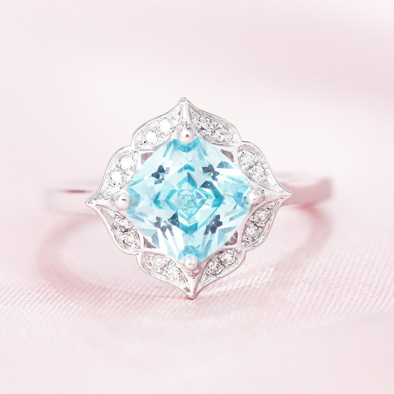 November Kissenschliff Birthstone 7mm Natürlichen Blauen Topas Ring 14K Weißgold Ehering Verlobungsring Diamanten Akzent Braut von WFHomeElements