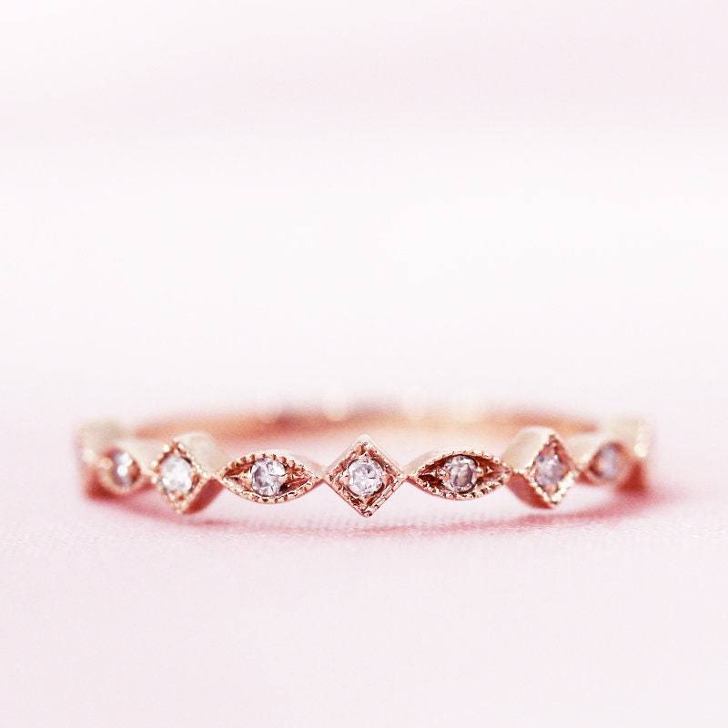 Passende Band Massiv 14K Rose Gold Halbe Ewigkeit Ehering Stapelbar Ring Natürliche Runde Diamanten Versprechen von WFHomeElements