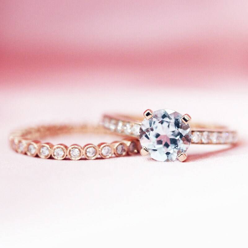 Rount Schnitt Natürlicher Aquamarin Ring 6, 5 Mm Blauen Edelstein Massiv 14K Rose Gold Verlobungsring Voller Ewigkeit Ehering Braut Diamanten von WFHomeElements