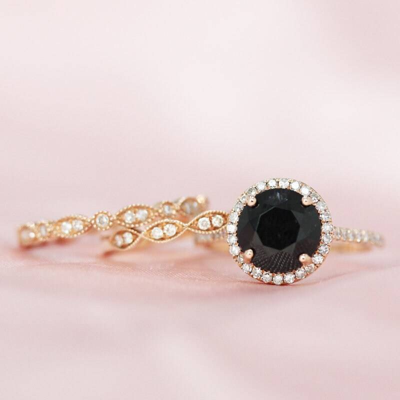 Schwarze Edelstein-Ring Set 8mm, Die Rund Geschliffenen Spinell Ring Halo Diamanten Massiv 14 K Rose Gold Versprechen Braut Verlobungsring von WFHomeElements