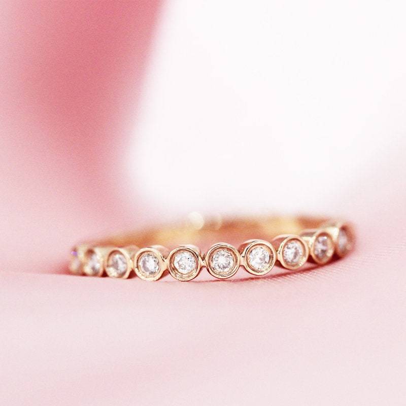 Spezielles Design Halbe Ewigkeit Natürlichen Diamanten Ehering Massiv 14K Rose Gold Verlobungsring Passende Band Stapelbar Ring Jubiläum von WFHomeElements