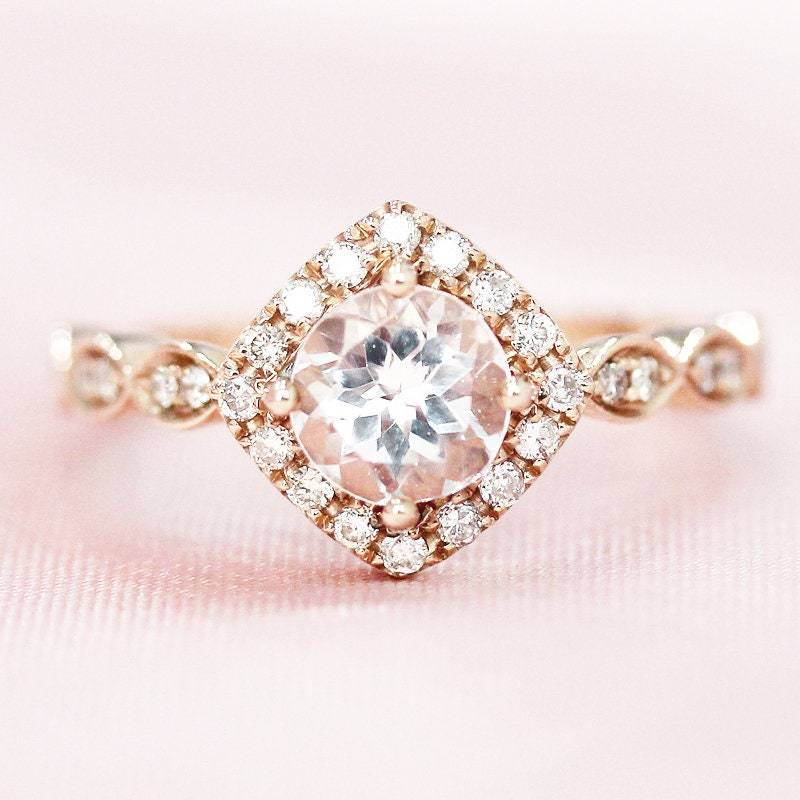 Verlobungsring 6mm Runde Geformte Natürliche Morganit Ring Hellrosa 14K Rose Gold Ehering Diamant Jahrestagsgeschenk von WFHomeElements