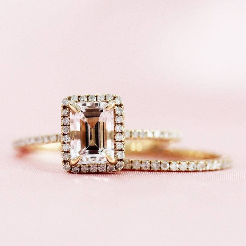 Vintage-Artikel Massiv 14K Gelbgold-Ring Set 5x7mm, Die Natürliche Morganit Ring Diamanten Halo-Ring Braut Versprechen Smaragdschliff von WFHomeElements