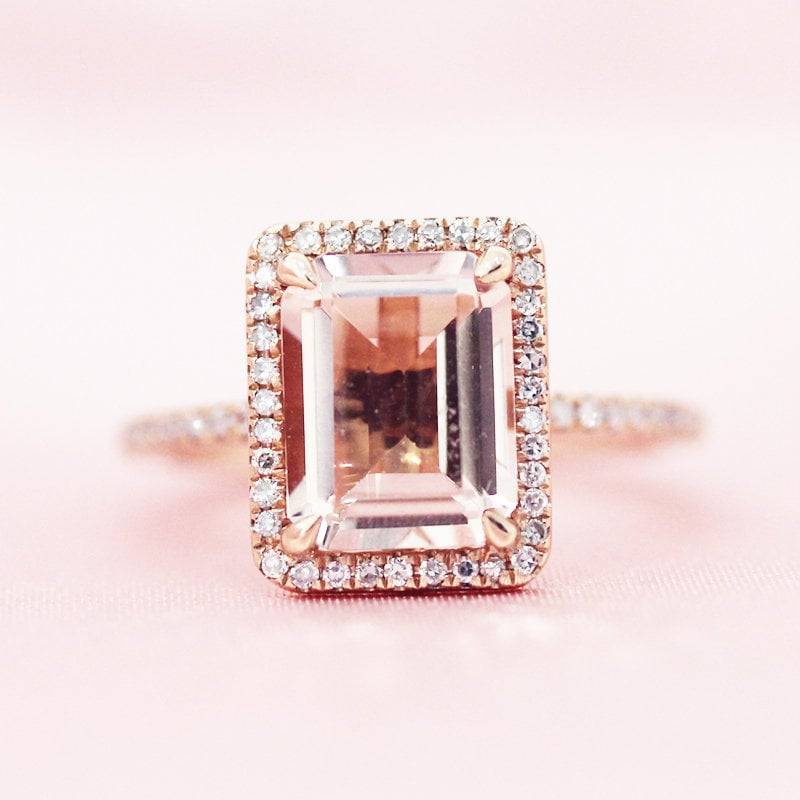 Vintage-Artikel Natürliche Smaragd Geschnitten Morganit Ring Diamant Halo-Ring 14K Rose Gold Ehering Halbe Ewigkeit Verlobungsring Versprechen von WFHomeElements