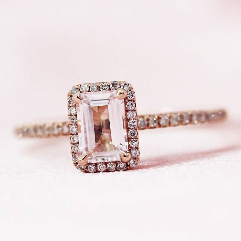 Vintage-Artikel Natürliche Smaragd Geschnitten Morganit Ring Diamanten Halo Massiv 14K Rose Gold Verlobungsring Halbe Ewigkeit Ehering von WFHomeElements