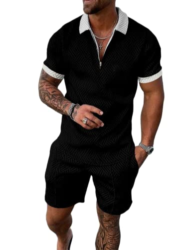 WFIAOUESS Kurze Herren-Sets Outfits 2-teiliges Sommer-Trainingsanzug Kurzarm Reißverschluss Poloshirt und Shorts Set Casual Beach Outfits, B4, Small von WFIAOUESS