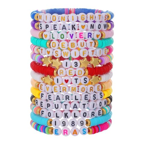 WFKKMEQ Freundschafts Stretch Armband, Bohemian Armbänder, Buntes Perlen Stapelbare Armband, Strand Surfer Armbänder, Alphabet Bracelet, Schmuck für Frauen und Mädchen (14 Stück) von WFKKMEQ