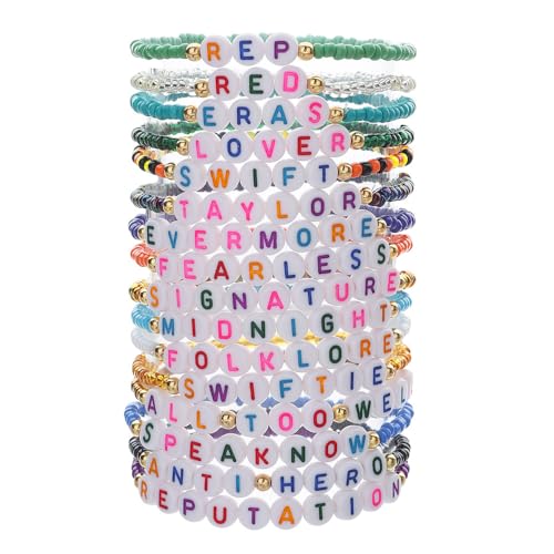 WFKKMEQ Freundschafts Stretch Armband, Bohemian Armbänder, Buntes Perlen Stapelbare Armband, Strand Surfer Armbänder, Alphabet Bracelet, Schmuck für Frauen und Mädchen (16 Stück) von WFKKMEQ