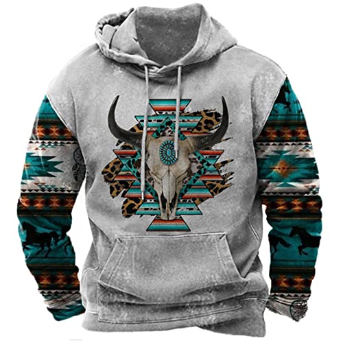 Ethnic Style Printed Hoodie für Männer Stierkopf Grafik Print Sweatshirt Fashion Distressed Drawstring Long Sleeve Pullover Top von WFSWG