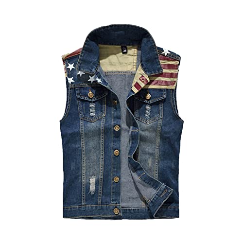 Herren Vintage Denim Weste Casual Zerrissene Cowboy Weste Fashion Rock Style Ärmellose Jeansjacke USA Flag Pattern Weste für Jungen Teens von WFSWG