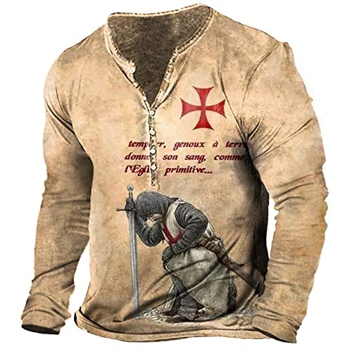 WFSWG Herren Tempelritter 3D-Druck T-Shirt Langarm Distressed Shirt V-Ausschnitt Button Up Shirt Retro Motorrad Distressed Tops von WFSWG