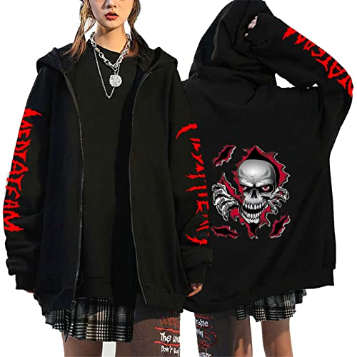 WFSWG Y2K Streetwear Zip Hoodie Tops Punk Gothic Übergroßer Totenkopf Bedruckt Unisex Strickjacke Reißverschluss Sweatshirt Männer Frauen Jacke Mantel von WFSWG