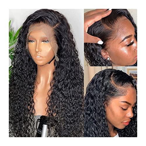 Perücken Echthaar 13x4 Curly Lace Front Perücken Echthaar vorgezupft 180% Dichte Brasilianische Deep Wave Lace Frontal Perücke mit Babyhaar for schwarze Frauen Natural Black Perücken für Damen(24inche von WFchenj222-6