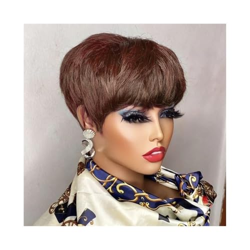 Perücken Echthaar Kurze geschichtete Pixie-Perücken aus Echthaar for schwarze Frauen, Echthaarperücken mit Pony Perücken für Damen(Chocolate Brown) von WFchenj222-6