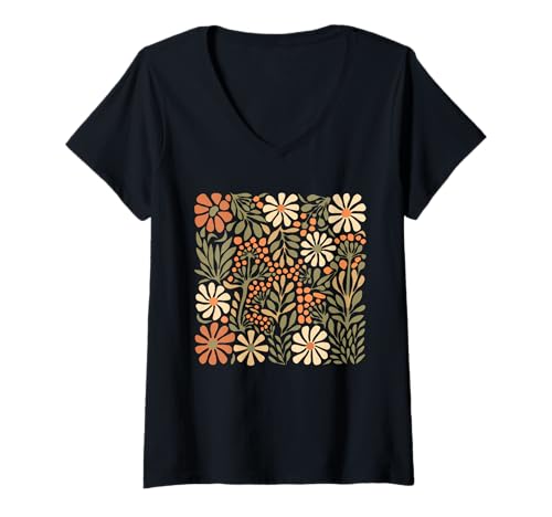 Damen Vintage Botanische Herbst Boho Blumen Wildblume Herbst Floral T-Shirt mit V-Ausschnitt Damen Vintage Botanische Herbst Boho Blumen Wildblume Herbst Floral T-Shirt mit V-Ausschnitt von WGAutumn