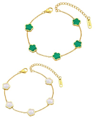 WGCHAIE 2 Stücke Vierblättriges Kleeblatt Schmuckset, Vierblättriges Kleeblatt Armband 18 Roségold Vergoldet Edelstahl für Modebewusste Frauen und Junge Mädchen, Weiß und Grün von WGCHAIE