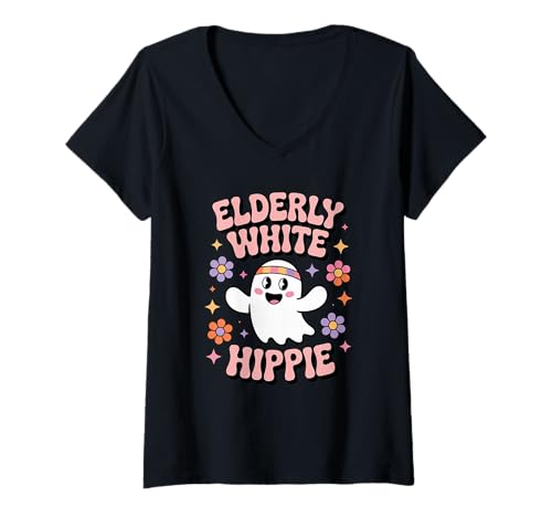 Damen Älterer weißer Hippie, lustiger süßer Spruch, Geist, Halloween, Blumenmuster T-Shirt mit V-Ausschnitt von WGElderlyWhiteHippie