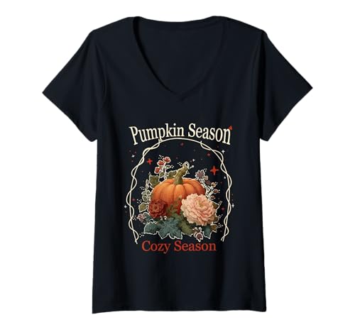 Damen Kürbissaison, gemütlich, warm, Herbst, Erntedankfest, Blumenmuster T-Shirt mit V-Ausschnitt Damen Kürbissaison, gemütlich, warm, Herbst, Erntedankfest, Blumenmuster T-Shirt mit V-Ausschnitt von WGFallAutumn