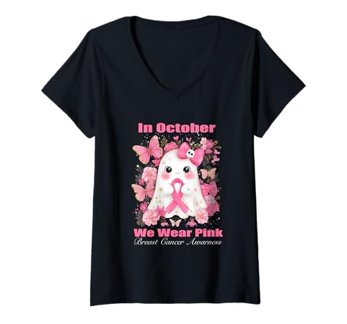 Damen Im Oktober tragen wir rosa Brustkrebs-Bewusstsein Frauen Geist T-Shirt mit V-Ausschnitt Damen Im Oktober tragen wir rosa Brustkrebs-Bewusstsein Frauen Geist T-Shirt mit V-Ausschnitt von WGHalloweenBreastAwarness