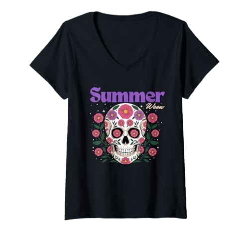 Damen Summerween Summer Floral Halloween Ghost Herren Damen Kinder T-Shirt mit V-Ausschnitt Damen Summerween Summer Floral Halloween Ghost Herren Damen Kinder T-Shirt mit V-Ausschnitt von WGSummerween