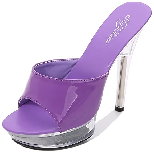 WGUYEFD Damen 5IN Stiletto High Heels Transparente Peep Toe Mules Sandalen Slip on Slipper Sexy Stripper Nachtclub Pole Dance Hochzeit Party Schuhe,Lila,43 von Shot Case