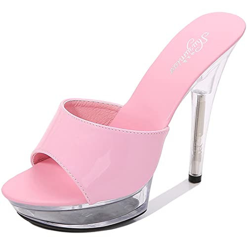 WGUYEFD Damen 5IN Stiletto High Heels Transparente Peep Toe Mules Sandalen Slip on Slipper Sexy Stripper Nachtclub Pole Dance Hochzeit Party Schuhe,Rosa,42 von Shot Case