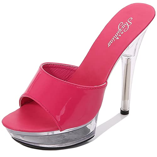 WGUYEFD Damen 5IN Stiletto High Heels Transparente Peep Toe Mules Sandalen Slip on Slipper Sexy Stripper Nachtclub Pole Dance Hochzeit Party Schuhe,Rose red,38 von WGUYEFD