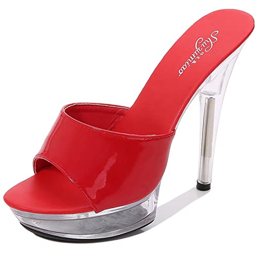 WGUYEFD Damen 5IN Stiletto High Heels Transparente Peep Toe Mules Sandalen Slip on Slipper Sexy Stripper Nachtclub Pole Dance Hochzeit Party Schuhe,Rot,40 von Shot Case