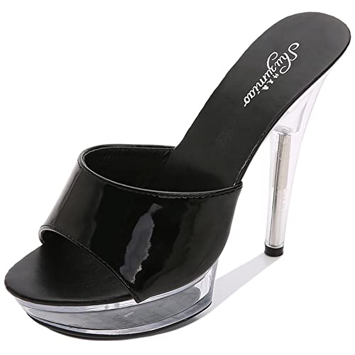 WGUYEFD Damen 5IN Stiletto High Heels Transparente Peep Toe Mules Sandalen Slip on Slipper Sexy Stripper Nachtclub Pole Dance Hochzeit Party Schuhe,Schwarz,39 von Shot Case