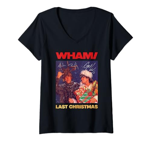 WHAM! Damen Letzte Weihnachtssignatur T-Shirt mit V-Ausschnitt, Schwarz, S von WHAM!