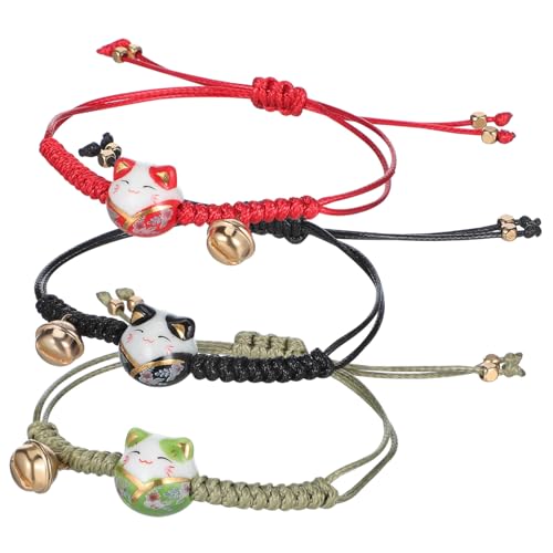 WHAMVOX 3 Teiliges Maneki Neko Armband für Männer Verstellbare Glückskatze Armbänder mit Glocke Japanisches Glücksseil Robustes und Wachsschnurdesign Modisches Asiatisches von WHAMVOX