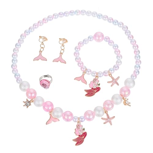 WHAMVOX 4 Stück Teiliges Schmuckset Meerjungfrau Anhänger Perlenkette Armband Ring Ohrclip Bunter Modeschmuck für Mädchen Geburtstag Party Dekoration von WHAMVOX