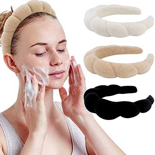 WHAVEL 3 Pack Spa Stirnband Hautpflege Stirnbänder, Make-up Stirnband Schwamm Frottee Stirnbänder Gesichtswäsche Stirnband Puffy Haarband zum Waschen Gesicht Frauen Mädchen (Khaki, Braun, Schwarz) von WHAVEL