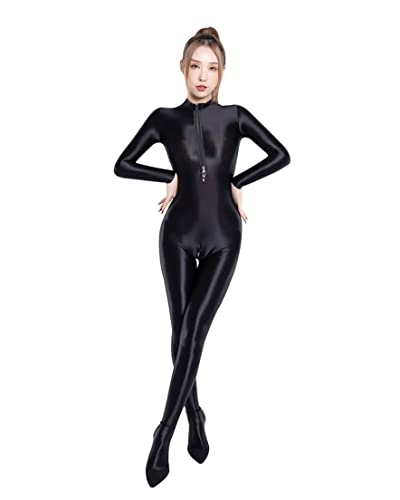 WHB Damen sexy Bodystocking Dessous Lange Ärmel Strumpfhose Glänzende Öl Ganzkörper Reizwäsche Durchsichtiges Babydoll Netzsocken Erotik Jumpsuit mit Reißverschluss (one Size,Schwarz) von WHB