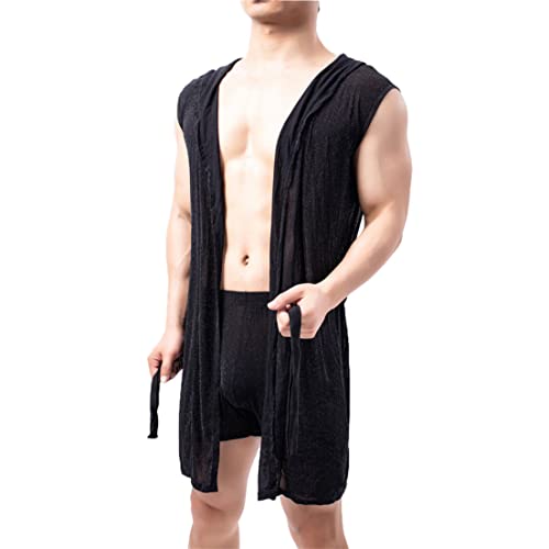 WHB Herren kurz robe mesh Nachthemd transparent jacke sexy Bademantel durchsichtige Pyjama ärmellose Fischernetz Jacke Netz aushöhlen Dessous mit Gürtel Kapuze, Schwarz, XL von WHB