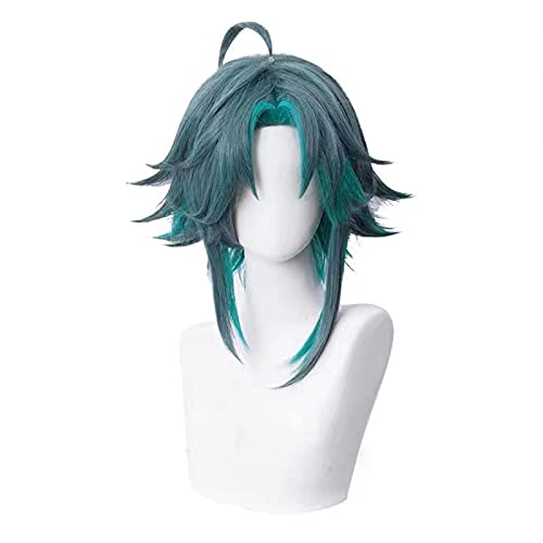 WHBHD Genshin Wirkung Xiao Perücke 40cm dunkelgrün Blaue Perücke Cosplay Anime Cosplay Perücken Hitzebeständige synthetische Perücken Halloween von WHBHD