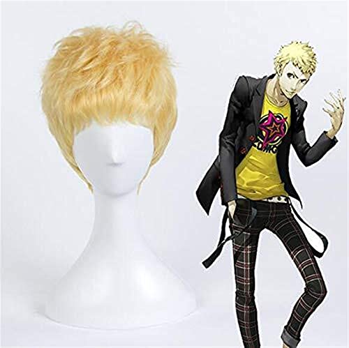 Wig Anime Cosplay 12" Männer Persona 5 Ryuji Sakamoto Kurze Goldene Frisuren Synthetische Cosplay Full Perücken Halloween Kostüm Party Perücken + Perücke Kappe Flüge von WHBHD