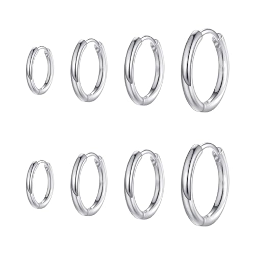 4 Paare Kleine Creolen Ohrringe für Damen Herren Chirurgenstahl Knorpel Huggie Ohrringe Snug Lobe Nase Lippen Daith Helix Piercing Schmuck Winzige Hoop Hinged Schläferohrringe 8/10/12/14MM (Silber) von WHGHNCQ
