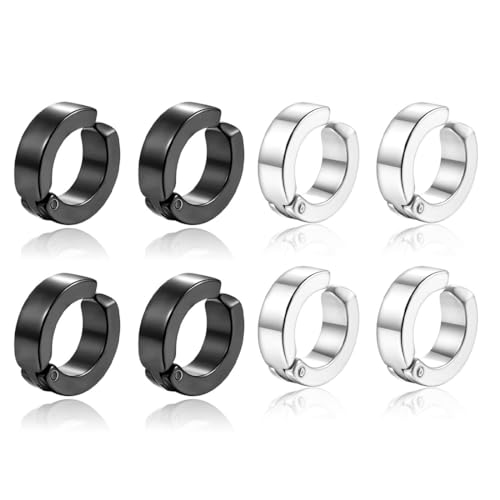 4 Paare Piercing Clip Ohrringe,Edelstahl Ohrringe Herren,Non Piercing Ohrringe Set Schwarz Silberton,Creolen Edelstahl ohne Loch Fake Ohrstecker Ohrclips Klappcreolen für Männer Frauen,Silber Schwarz von WHGHNCQ