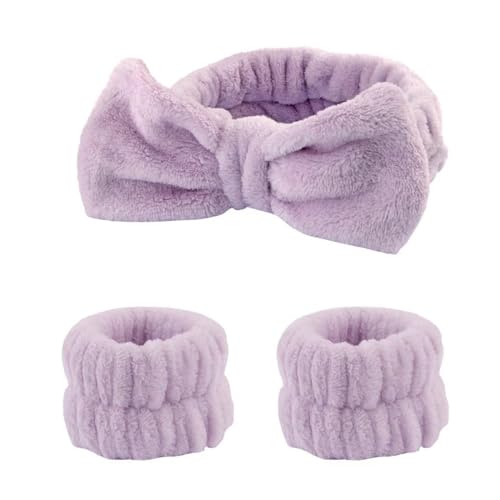 Bowknot Haarbänder Kosmetik mit 1paar Abschminkband Handgelenk Waschband Frauen Gesicht Wasch Armbänder Haarband Elastisches Stirnband für Frauen Mädchen Duschen Waschen,Lila von WHGHNCQ