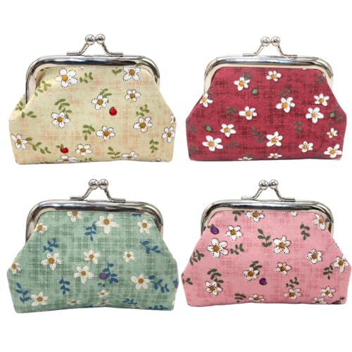 Geldbeutel Mini, 4 Stücke Täschchen für Frauen, Münzbörsen Kunstleder Kleingeldbörse mit Kiss Lock, Kleine Täschchen Blumenmuster Münzbeutel, Mini Täschchen für Bargeld, Münze, Schlüssel von WHGHNCQ