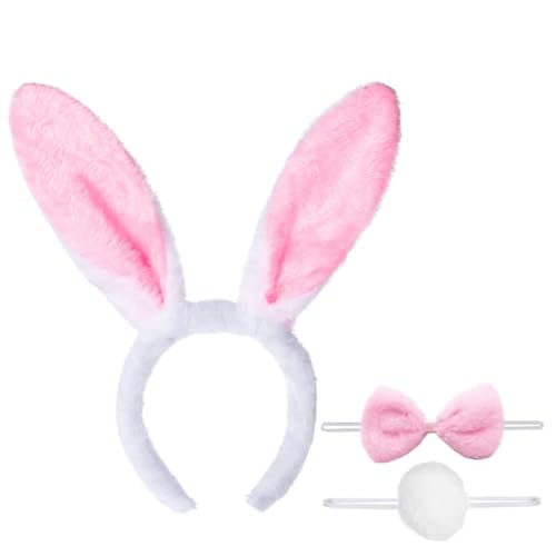 Hasenohren und Schwanz Set, Bunny Ohren Haarreif Kostüm Set Kaninchen Haarreif Kragen und Schwanz für Kinder Erwachsene Karneval Cosplay Kostüm Party von WHGHNCQ