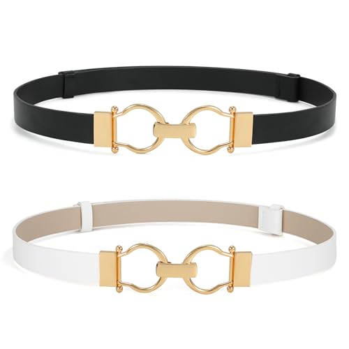 WHIPPY 2 Stück Leder Gürtel Damen dünne Ledergürtel schmaler Taillengürtel für Kleid Verstellbarer mit Gold Schnalle，105cm schwarz+weiß von WHIPPY