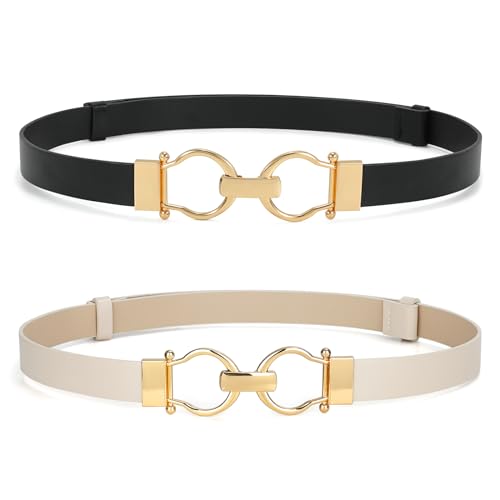 WHIPPY 2 Stück Leder Gürtel Damen dünne Ledergürtel schmaler Taillengürtel für Kleid Verstellbarer mit Gold Schnalle，schwarz+beige，105cm von WHIPPY