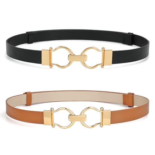 WHIPPY 2 Stück Leder Gürtel Damen dünne Ledergürtel schmaler Taillengürtel für Kleid Verstellbarer mit Gold Schnalle，schwarz+braun，120cm von WHIPPY