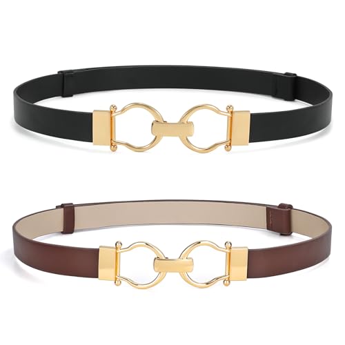 WHIPPY 2 Stück Leder Gürtel Damen dünne Ledergürtel schmaler Taillengürtel für Kleid Verstellbarer mit Gold Schnalle，schwarz+kaffee，105cm von WHIPPY