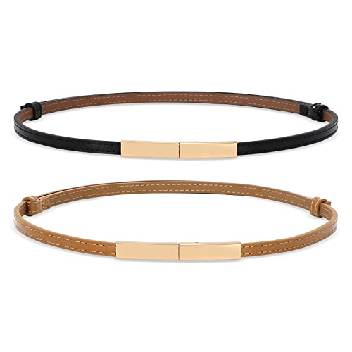 WHIPPY 2 Stück schmal Gürtel Damen Verstellbarer dünner Taillengürtel Schmaler Ledergürtel mit goldene Schnalle für Kleid，105cm Schwarz+Braun von WHIPPY