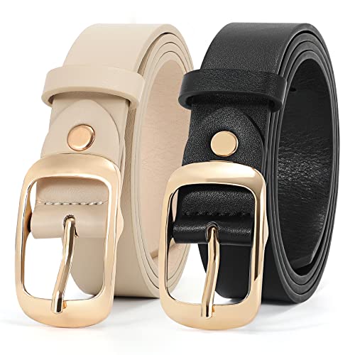 WHIPPY 2er-Pack Damen-Ledergürtel in Übergröße, modischer Rindsleder-Taillengürtel mit solider Dornschließe für Jeans-Hosen-Kleid,130cm schwarz + beige von WHIPPY